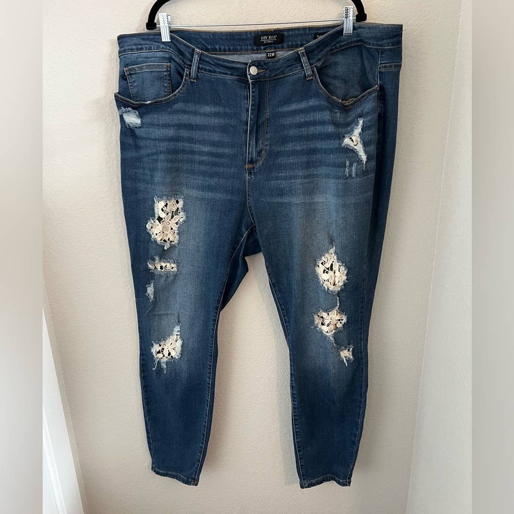 Judy Blue Jeans‎ Womens 22W Blue Skinny Fit High Rise Distressed Crochet 0616
